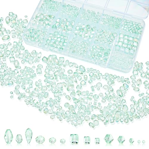 1500 Pcs Crystal Glass Beads for Jewelry Making – 12 Styles Bicone, Rondelle, Cube, Teardrop & 3mm Spacer Beads, DIY Bracelet Necklace Earring Craft Kit(Peppermint Green) - color: Peppermint Green