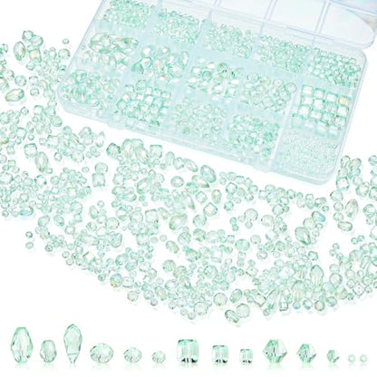 1500 Pcs Crystal Glass Beads for Jewelry Making – 12 Styles Bicone, Rondelle, Cube, Teardrop & 3mm Spacer Beads, DIY Bracelet Necklace Earring Craft Kit(Peppermint Green) - color: Peppermint Green