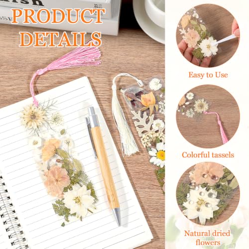 20 Sets Dried Flower Bookmark Making Kit Transparent Bookmark DIY Projects Craft Gift Bulk PET Sticker with Color Tassels and Tweezer for Classroom Activities Reading Award and Book Lovers (Boho) - style: Boho