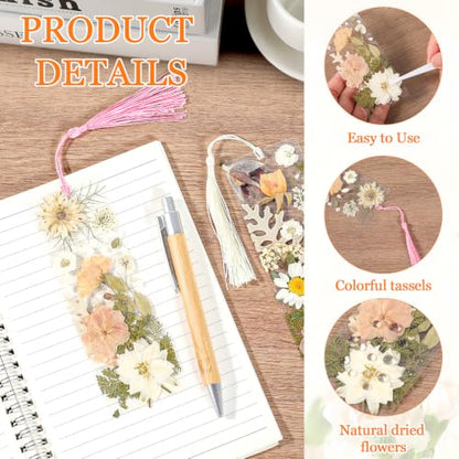 20 Sets Dried Flower Bookmark Making Kit Transparent Bookmark DIY Projects Craft Gift Bulk PET Sticker with Color Tassels and Tweezer for Classroom Activities Reading Award and Book Lovers (Boho) - style: Boho