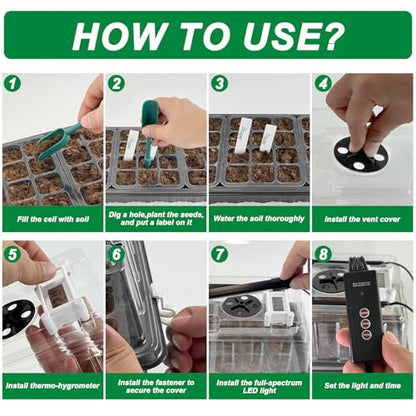 Seed Starter Tray with Grow Light,60-Cell Seedling Starter Kit with 4.07'' Humidity Dome,Plant Germination Trays for Indoor Seeds Starting,Magnetic Hygrometer & Locking Fasteners - color: 1 Pack 60cell Green