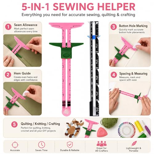 5 Piece Sewing Gauge Set, 5-in-1 Sliding Ruler & Seam Gauge, Pink - color: Pink