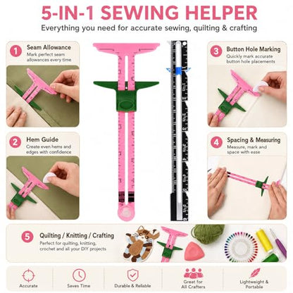 5 Piece Sewing Gauge Set, 5-in-1 Sliding Ruler & Seam Gauge, Pink - color: Pink