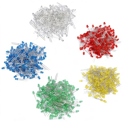 LED Kit 1000 pcs 3MM LED 5 Color x 200pcs,White,red,Yellow, Green,Blue led diode, 2-pin Circular for Christmas Light Replacement and Scientific Projects - size: 3mm Round Top