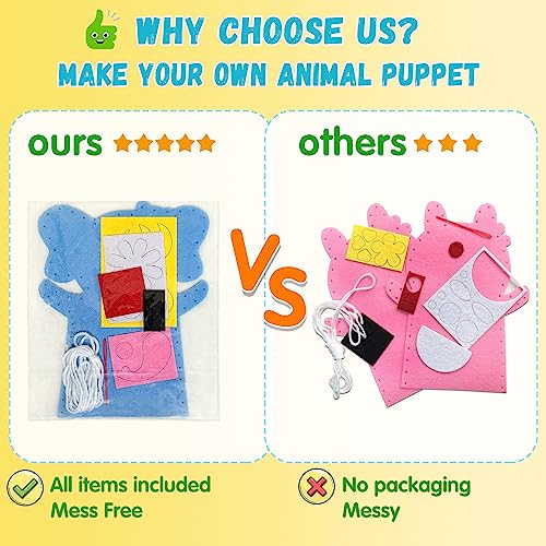 Animal Hand Puppet Crafts Kit for Kids 8pcs Sewing Kits for Girls 4-9 Felt DIY Sewing Projects Toddler Activities Story Telling Pretend Play Party Favors Toys