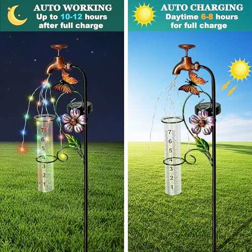 37in Solar Butterfly Rain Gauge Copper Faucet Metal Garden Stake Decor - color: Bronze Faucet