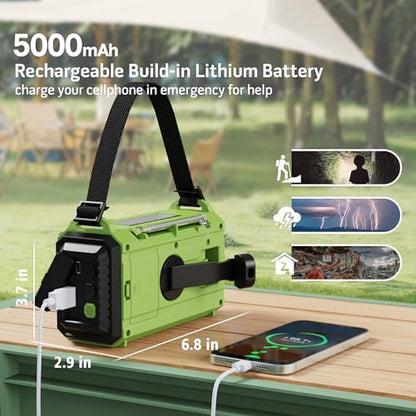 Emergency Radio 5000mAh NOAA Weather FM AM SW Battery Operated 5 Way Power - color: Green with Black
