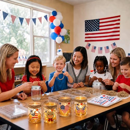 24 Sets 4th of July DIY Craft Kits Patriotic Plastic Mason Jar Making Craft Gifts Bulk American Flag Table Centerpieces 250th Independence Day Decoration for Anniversary Classroom Activities - style: Flag