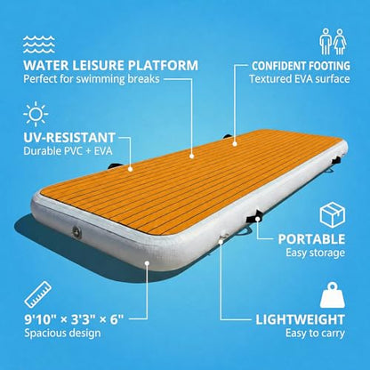 Inflatable Dock Platform, 9'10" x 3'3" x 6" PVC Floating Water Platform with Non-Slip EVA Surface for Boats, Yachts, Jet Skis & Lake Leisure, Pump, Carry Bag & Repair Kit - size: 9.8FT