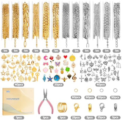 Zefy 18K Gold Silver Chain for Jewelry Making Kit with 380 Pcs Charms - size: Large