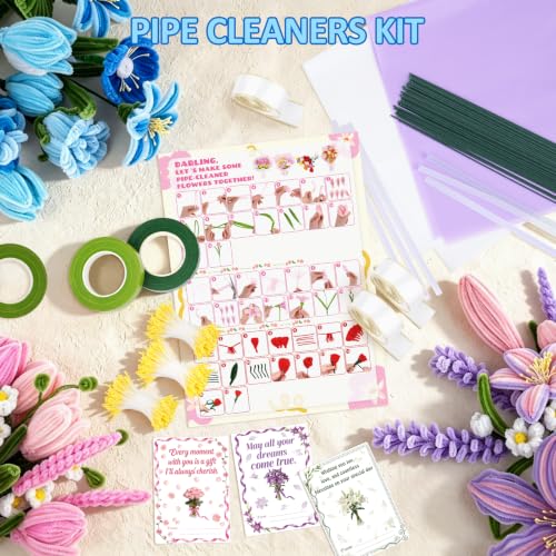Anyeve 1800 PCS Pipe Cleaners Craft, Pipe Cleaner Flower Kit in 7 Colors, Chenille Stems Bouquets, Fluffy Pipe Cleaners, Ribbons and Flower Paper, Instructions for Easy Operation, DIY Enthusiasts - color: 1800PCS-7 Color