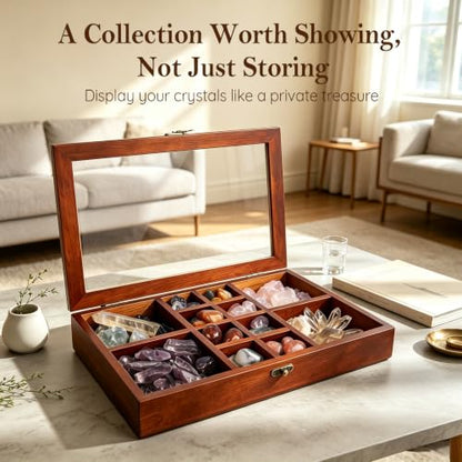 Adjustable Rock Collection Box, Wood Crystal Display Case for Gemstone - color: Brown