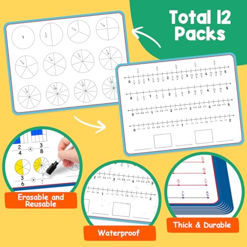 Aizweb 12 Pack Fraction Manipulatives Dry Erase Board,12"x9" Fraction Number Line Bars,Math Manipulatives Fraction Games Flash Cards for 4th-8th Grade Kids,Homeschool Classroom Teaching Supplies