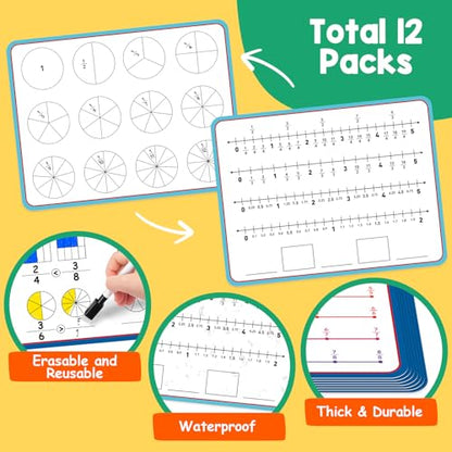 Aizweb 12 Pack Fraction Manipulatives Dry Erase Board,12"x9" Fraction Number Line Bars,Math Manipulatives Fraction Games Flash Cards for 4th-8th Grade Kids,Homeschool Classroom Teaching Supplies