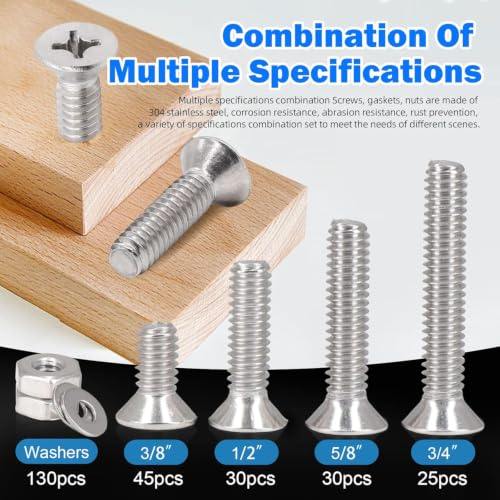 390PCS Machine Screw nut Bolt Combination kit, Phillips Flat Head Combination 304 Stainless Steel Bolt nut Flat Washer with Packaging， # 6 (3/8 inch, 1/2 inch, 5/8 inch, 3/4 inch) - size: 3.5 mm, style: Flat head machine screw