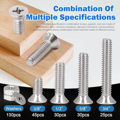390PCS Machine Screw nut Bolt Combination kit, Phillips Flat Head Combination 304 Stainless Steel Bolt nut Flat Washer with Packaging， # 6 (3/8 inch, 1/2 inch, 5/8 inch, 3/4 inch) - size: 3.5 mm, style: Flat head machine screw