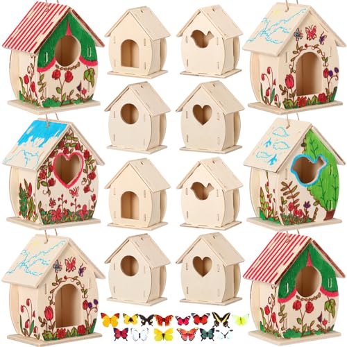 Outus 24 Pcs Wooden Birdhouse Kits for Kids, 4 Shapes Unfinished, Cute - style: Cute
