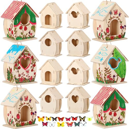 Outus 24 Pcs Wooden Birdhouse Kits for Kids, 4 Shapes Unfinished, Cute - style: Cute