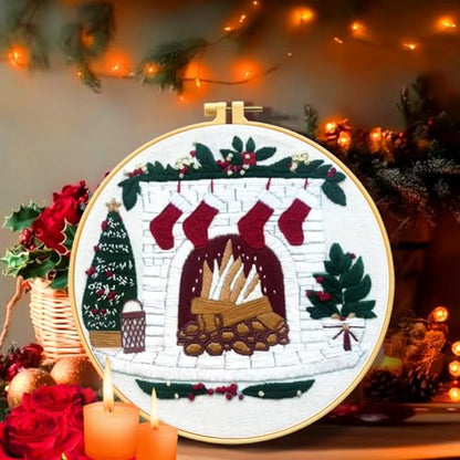 Zhenqing Christmas Embroidery Kit for Beginners - 4 Piece 29x29cm Round Designs with Embroidery Hoop, Threads & Tools (Snowy Cabin, Fireplace, Candy Cane, Holly)(C0066) - style: Snowy Cabin+ Fireplace+Candy Cane+Holly