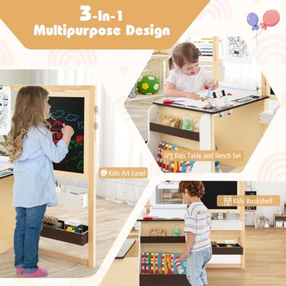 HONEY JOY Kids Art Easel, 6-in-1 Wooden Double-Sided Toddler Table & Chair Set w/Adjustable Magnetic White Board & Chalkboard, Paper Roll, Bookshelf, Storage, Kids Art Table and Chair (Coffee) - style: Coffee