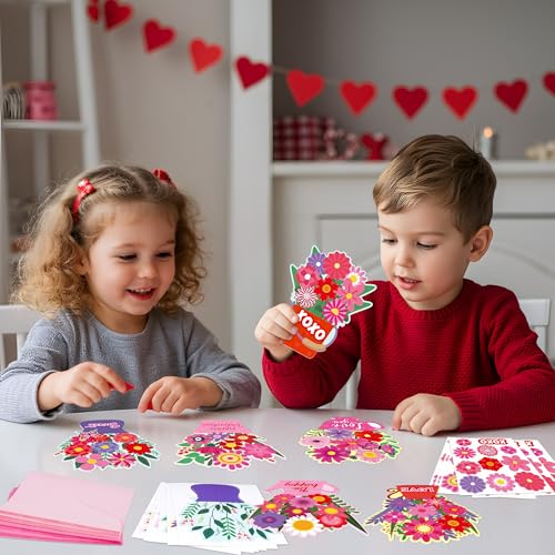 36 Set Valentines Day DIY Craft for Kids - Flower Card Making Kit with Greeting Cards Stickers Envelopes Set Gifts for Classroom School Activities - style: valentines