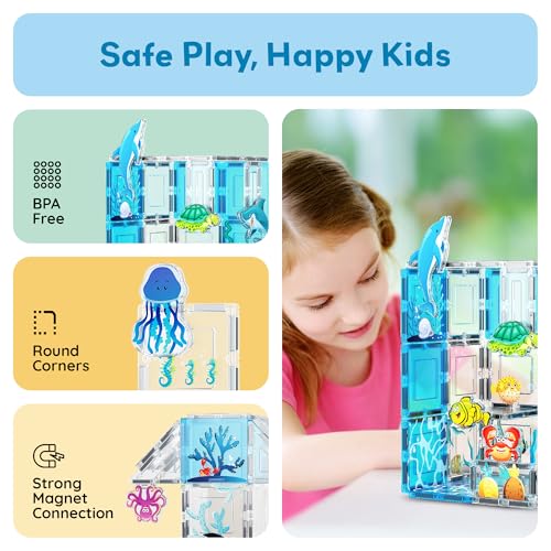 PicassoTiles 52 PCS Magnetic Tiles Ocean Animal STEM Set 8 Figures Ages 3+ - color: Marine Animal Set With 8 Action Figures