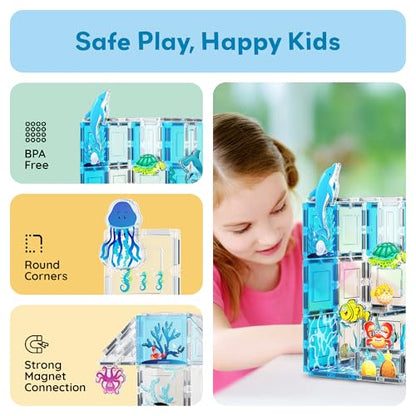 PicassoTiles 52 PCS Magnetic Tiles Ocean Animal STEM Set 8 Figures Ages 3+ - color: Marine Animal Set With 8 Action Figures