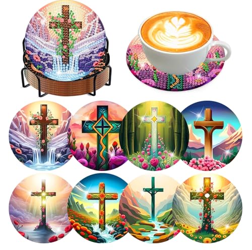 8 Pcs Diamond Art Coaster Kit for Adult with Holder, Diamond Coasters 4x4in - color: Cross Coasters-A, size: 8 Pcs 4x4in