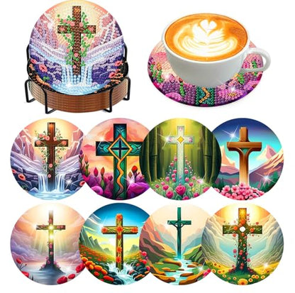 8 Pcs Diamond Art Coaster Kit for Adult with Holder, Diamond Coasters 4x4in - color: Cross Coasters-A, size: 8 Pcs 4x4in