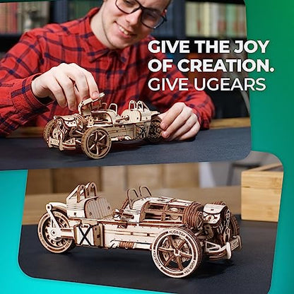 UGEARS Three-Wheeler UGR-S Motorcycle Model Wooden 3D Puzzles for Adults - Wooden Model Kits for Adults Motorcycle Gifts for Men Kit with Spring Motor, Functional Steering Chain Drive DIY Model