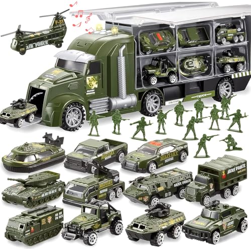 JOYIN 25 in 1 Military Kids Truck Toys for Age 3+, Kids Boy Toys, Army Men Tanks Set with Soldier Men, Mini Battle Cars in Carrier Truck with Lights and Sounds, Gifts for Grandkids - style: Military Truck