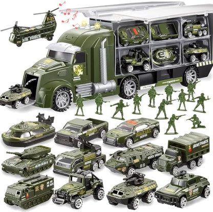 JOYIN 25 in 1 Military Kids Truck Toys for Age 3+, Kids Boy Toys, Army Men Tanks Set with Soldier Men, Mini Battle Cars in Carrier Truck with Lights and Sounds, Gifts for Grandkids - style: Military Truck