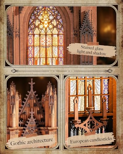 Rolife 3D Wooden Puzzle - Gothic Twin-Tower Cathedral Architecture Model with LED Lights, DIY Craft Building Kit for Adults, Unique Home Decor & Birthday for Hobbyists - style: Gothic Twin-Tower Cathedral