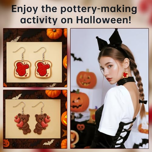 9 Pack Skull Plant Polymer Clay Cutters - Strawberry Honey Jar/Bread Slice/Skull Potted Plant/Balloon Bear/Cat with Scarf, Ideal for Earrings & Earring Cutters - color: Halloween Bear