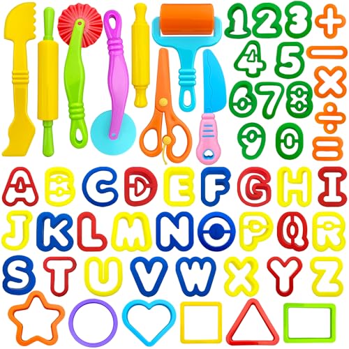 Dough Tools 55 PCS Dough Play Tools Set for Kids, Plastic Alphabet Numbers Shapes Cutters, Rollers, Scissors - style: 55 pcs