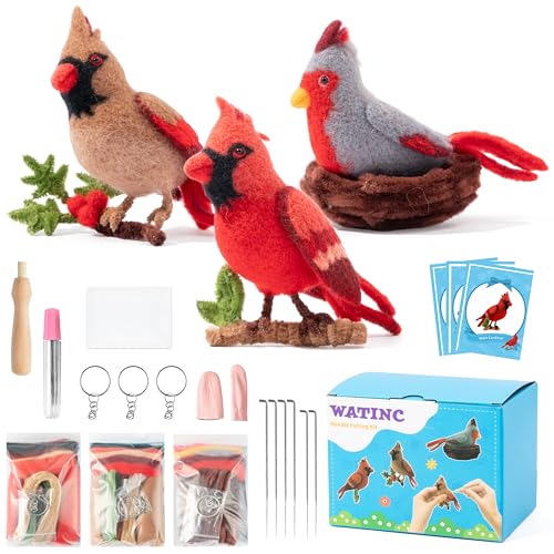 WATINC Needle Felting Kit - 3 Set Unique Different Cute Doll Wool Felt Needle Tools Foam Pad Instruction, DIY Home Decoration Craft Party Supplies for Art Work Starter Beginners (Cardinal) - style: Cardinal