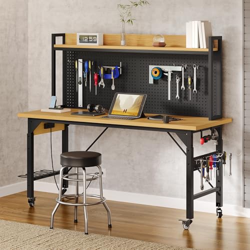 DWVO 48in Adjustable Rolling Workbench Heavy Duty with Pegboard & Wheels - size: 48" Workbench w/Pegboard