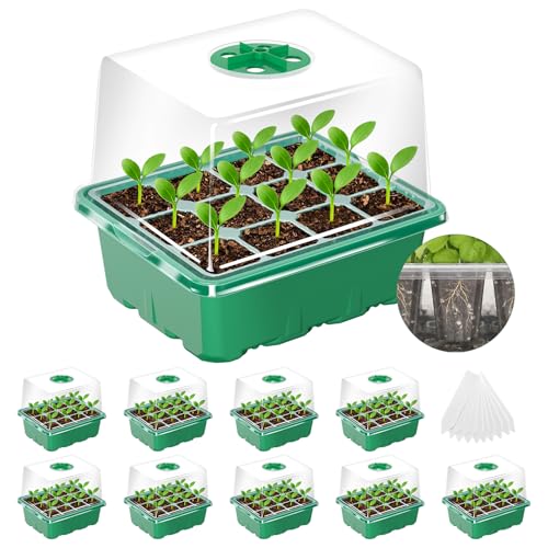 MIXC 10 Pack Seed Starter Tray, 120 Cell Stater Kit with Elevated Lid Green - color: Green, size: 12 Cell-10 Packs Elevated Cover