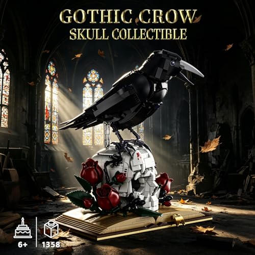 Gothic Raven & Skull Building Set for Adults, 1358PCS Animals Goth Horror Collection Kits Features Crow, Skull, Roses and Book, Compatible with Lego Raven, Birthday Gifts for Girlfriend/Wife/Mom - style: Raven Flower