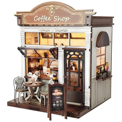 DIY Miniature House Kit, Coffee Shop Book Nook Kit, Mini Building Kit, Dollhouse Kit for Adults and Teens, 3D Wooden Puzzles with LED Light, Craft Kit for Family and Friends(Retro Coffee Shop) - style: Retro Coffee Shop