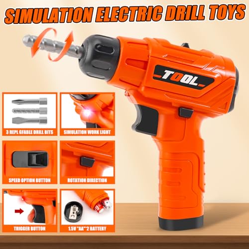 45Pcs Kids Tool Set with Electric Drill Toy and Portable Toddler Toolbox, Tool Box for Kids Age 3-5,Montessori Play Toolbox, STEM Educational Tool Toys Birthday Gift At Ages 3–6 for Pretend Play Sets
