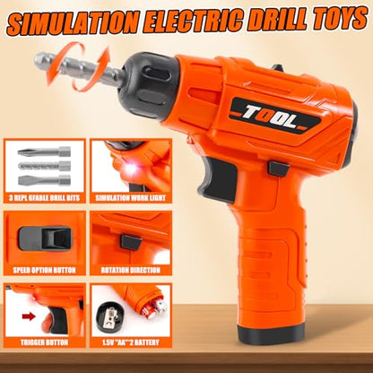 45Pcs Kids Tool Set with Electric Drill Toy and Portable Toddler Toolbox, Tool Box for Kids Age 3-5,Montessori Play Toolbox, STEM Educational Tool Toys Birthday Gift At Ages 3–6 for Pretend Play Sets