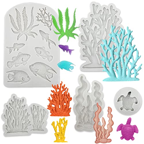 5 PCS Marine Theme Fondant Silicone Mold Seaweed Sea Fish Coral Sea Turtle Shape DIY Handmade Baking Tools, For Theme Cake Cookie Chocolate Candy Decoration Fondant Polymer Clay - style: Seaweed styles