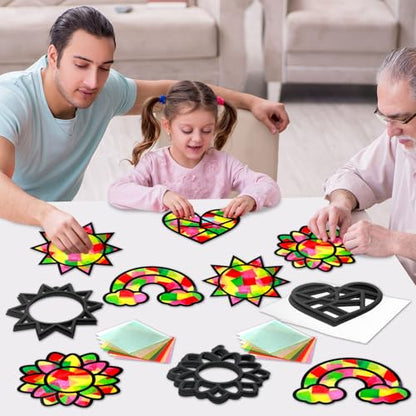 Qyeahkj 32 Set Suncatchers Crafts for DIY Rainbow Heart Window Tissue Paper Craft Kit Sunflower Sun Hanging Decor for Summer Home Activity Art Project Birthday Party Favor Gift - size: 5.9 x 4.3 inches
