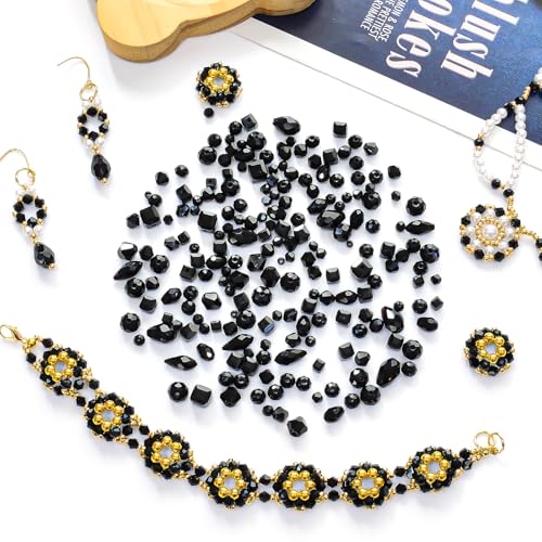 1500 Pcs Crystal Glass Beads for Jewelry Making – 12 Styles Bicone, Rondelle, Cube, Teardrop & 3mm Spacer Beads, DIY Bracelet Necklace Earring Craft Kit with Organizer Box(Black) - color: Black