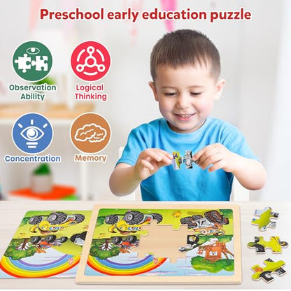 SYNARRY Large Wooden Monster Truck Puzzles for Kids Ages 4-6, Kids Gifts - style: Vehicle