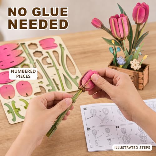 Evankin 3D Wooden Pink Tulip Puzzle Kit, DIY Bouquet Model - color: Pink Tulip