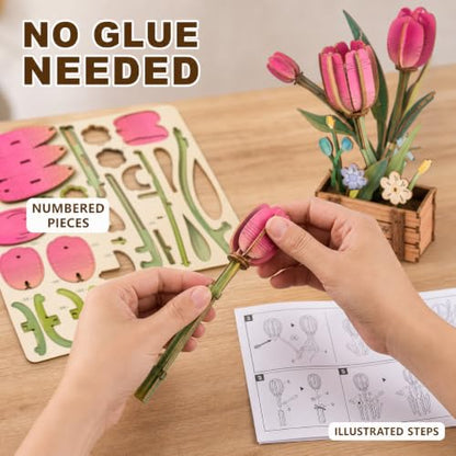 Evankin 3D Wooden Pink Tulip Puzzle Kit, DIY Bouquet Model - color: Pink Tulip