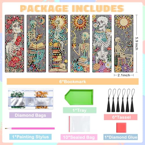 6 PCS Diamond Art Kits Bookmarks Diamond Painting Kit Book Mark, Handmade DIY Skeleton Diamond Art Skull Gem Art Acrylic Tassel Bookmarks for Women Adults, Craft Kits Gift Set for Book Lovers - style: Skeleton
