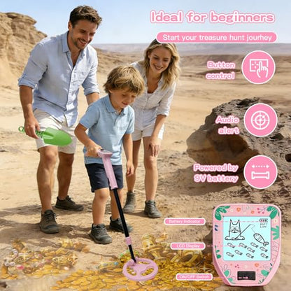 Metal Detector for Kids,0.88lbs with Shovel Rake Mesh Bag Kit,Pink